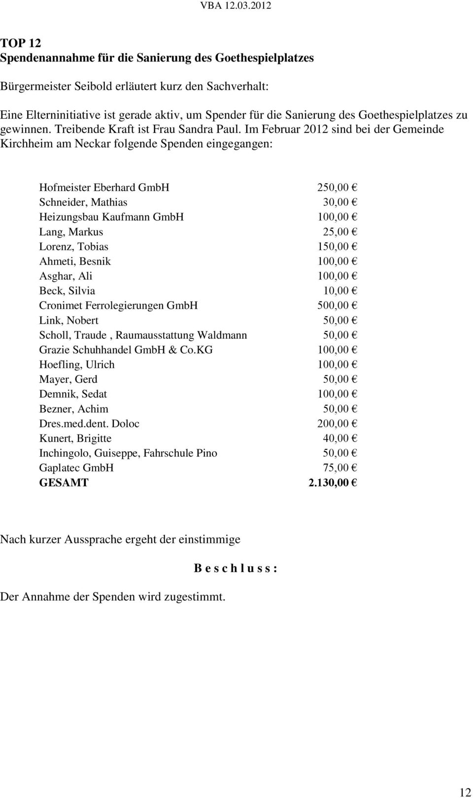 Im Februar 2012 sind bei der Gemeinde Kirchheim am Neckar folgende Spenden eingegangen: Hofmeister Eberhard GmbH 250,00 Schneider, Mathias 30,00 Heizungsbau Kaufmann GmbH 100,00 Lang, Markus 25,00
