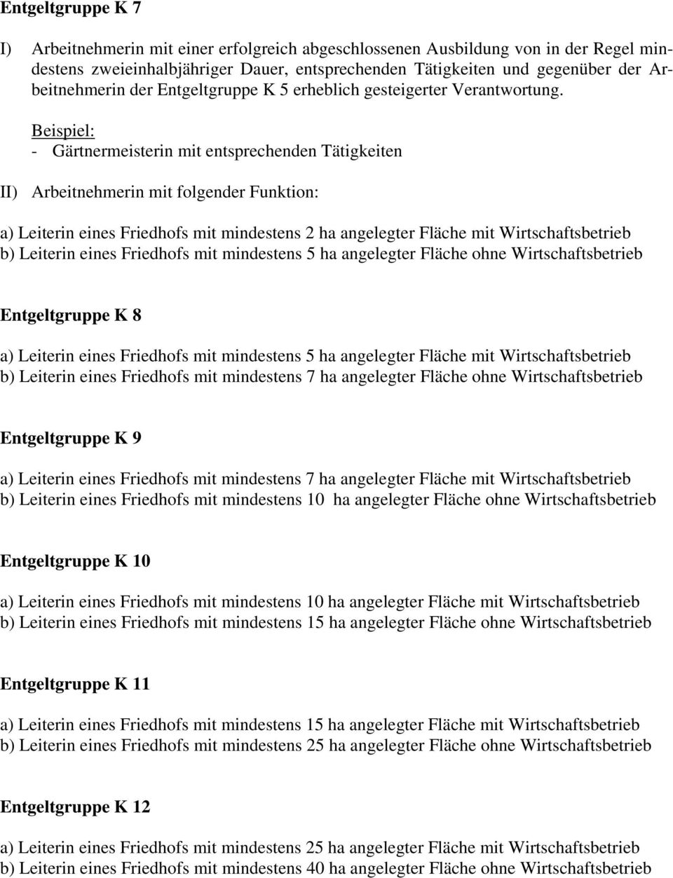 - Gärtnermeisterin mit entsprechenden Tätigkeiten II) Arbeitnehmerin mit folgender Funktion: a) Leiterin eines Friedhofs mit mindestens 2 ha angelegter Fläche mit Wirtschaftsbetrieb b) Leiterin eines