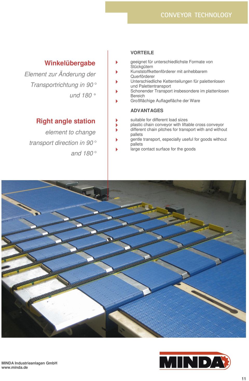 Großflächige Auflagefläche der Ware ADVANTAGES suitable for different load sizes plastic chain conveyor with liftable cross conveyor different chain pitches for transport with and without pallets