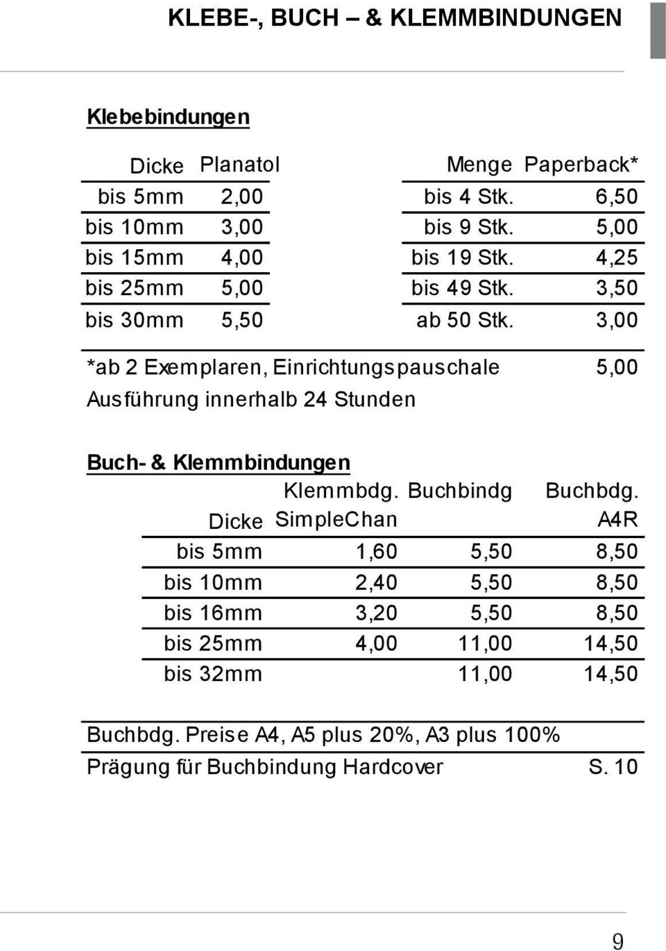 3,00 *ab 2 Exemplaren, Einrichtungspauschale 5,00 Ausführung innerhalb 24 Stunden Buch- & Klemmbindungen Klemmbdg.