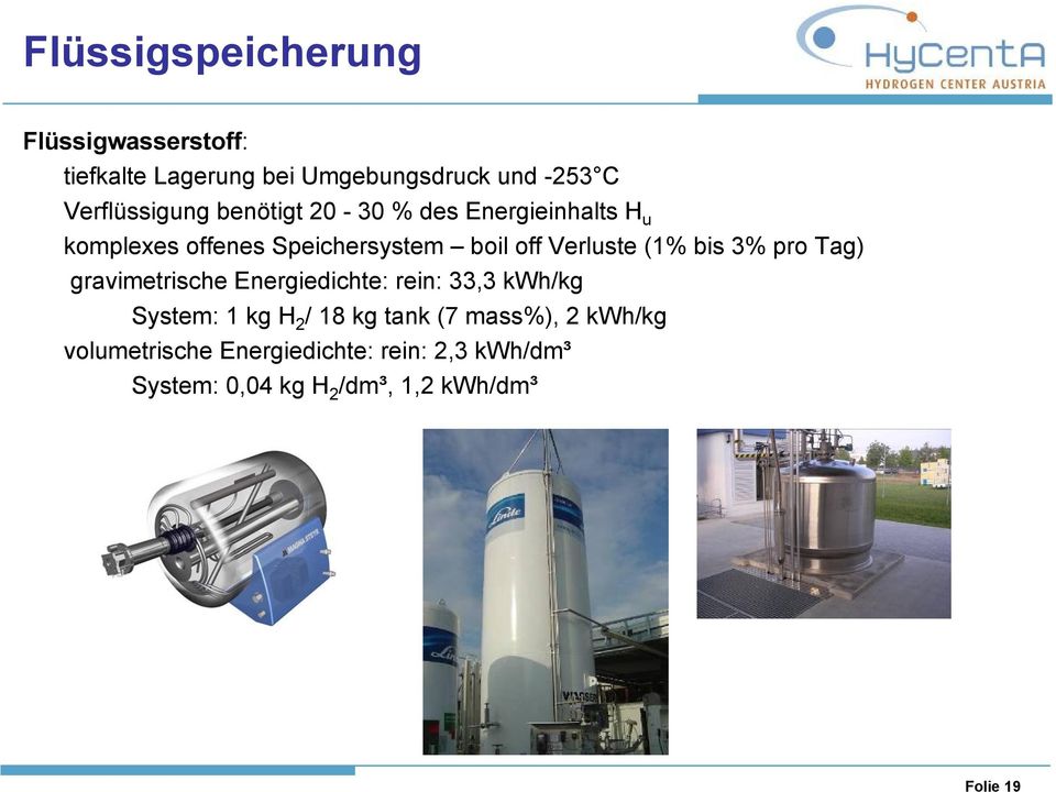 Verluste (1% bis 3% pro Tag) gravimetrische Energiedichte: rein: 33,3 kwh/kg System: 1 kg H 2 / 18