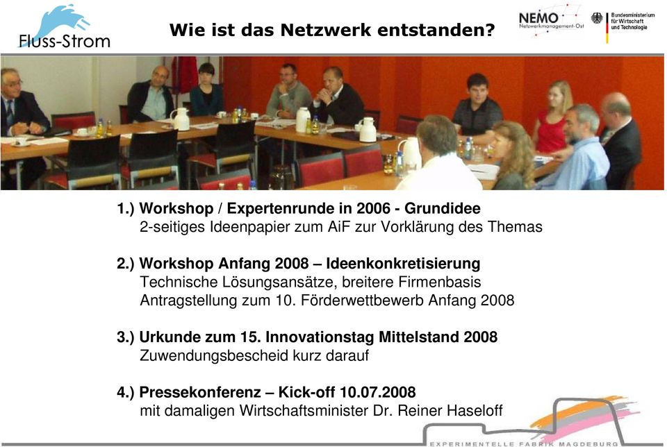 ) Workshop Anfang 2008 Ideenkonkretisierung Technische Lösungsansätze, breitere Firmenbasis Antragstellung zum 10.