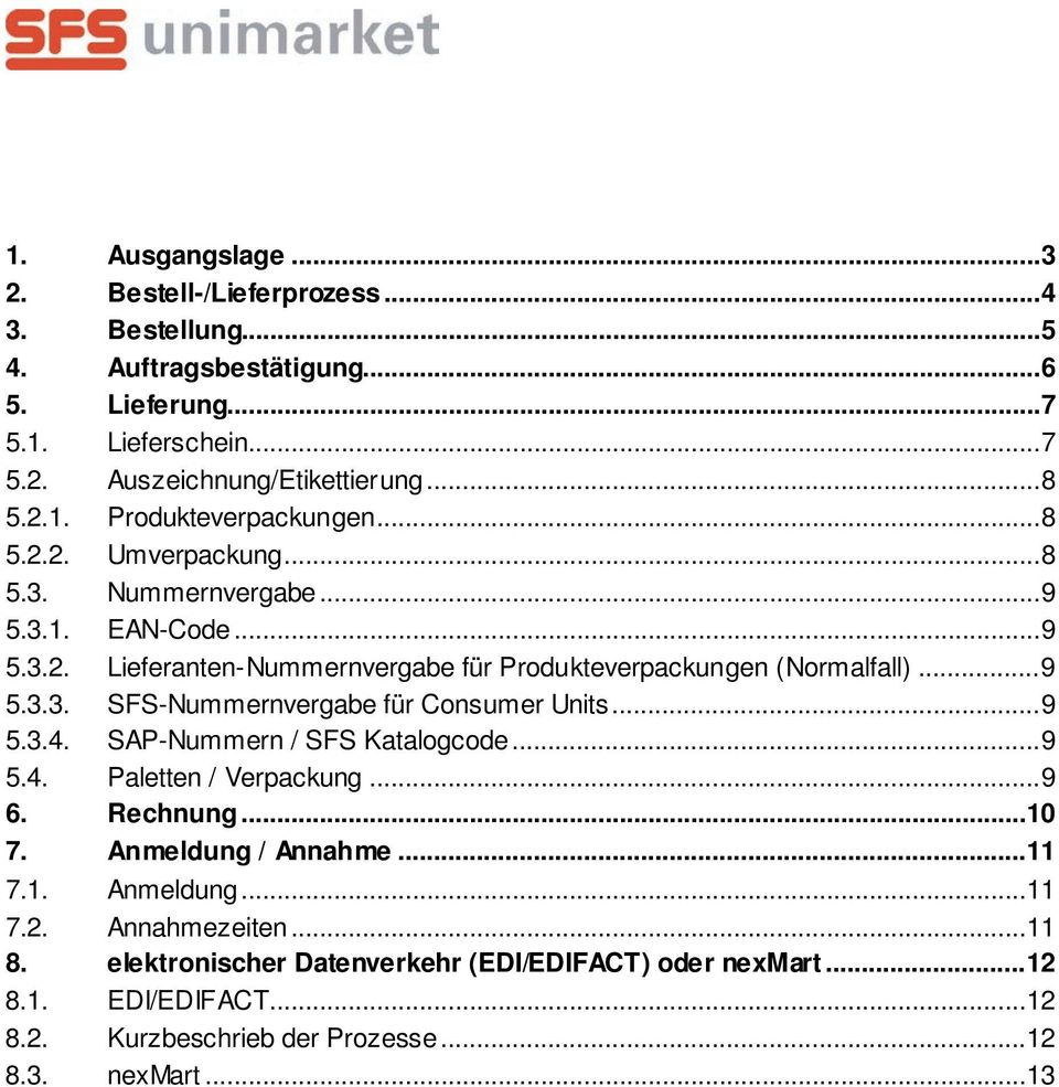 .. 9 5.3.4. SAP-Nummern / SFS Katalogcode... 9 5.4. Paletten / Verpackung... 9 6. Rechnung... 10 7. Anmeldung / Annahme... 11 7.1. Anmeldung... 11 7.2. Annahmezeiten... 11 8.