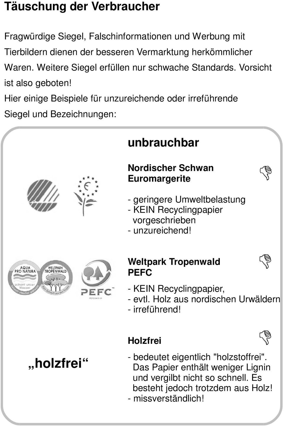 Hier einige Beispiele für unzureichende oder irreführende Siegel und Bezeichnungen: unbrauchbar Nordischer Schwan Euromargerite - geringere Umweltbelastung - KEIN