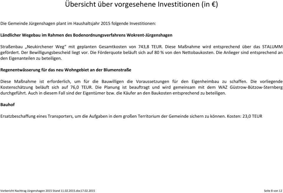 Die Förderquote beläuft sich auf 80 % von den Nettobaukosten. Die Anlieger sind entsprechend an den Eigenanteilen zu beteiligen.