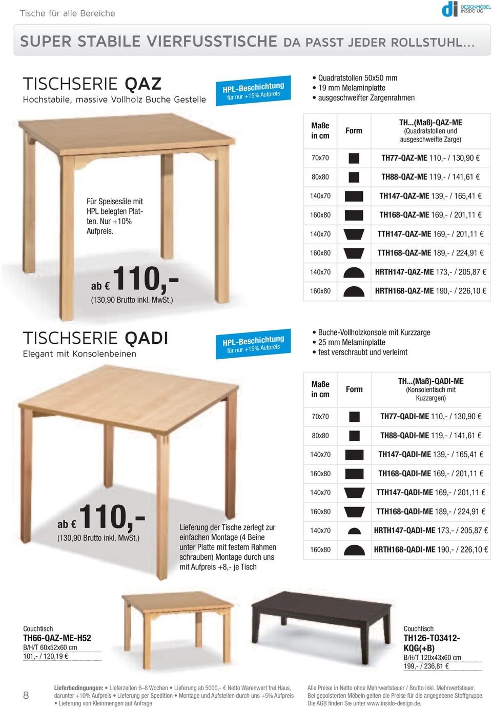 ..(Maß)-QAZ-ME (Quadratstollen und ausgeschweifte Zarge) 70x70 TH77-QAZ-ME 110,- / 130,90 80x80 TH88-QAZ-ME 119,- / 141,61 Für Speisesäle mit HPL belegten Platten. Nur +10% Aufpreis.