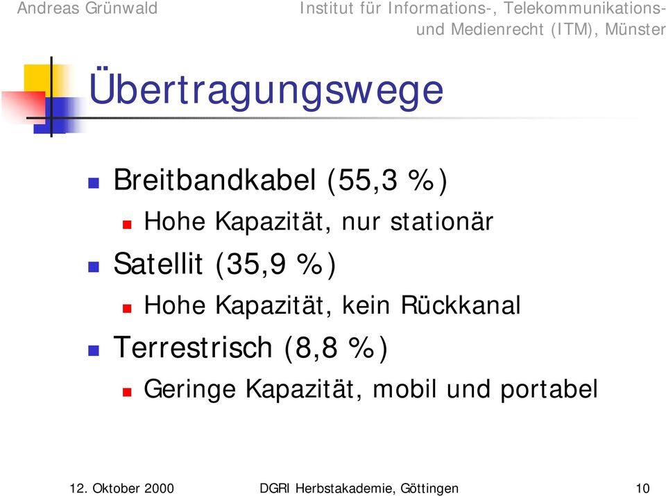 Rückkanal Terrestrisch (8,8 %) Geringe Kapazität, mobil