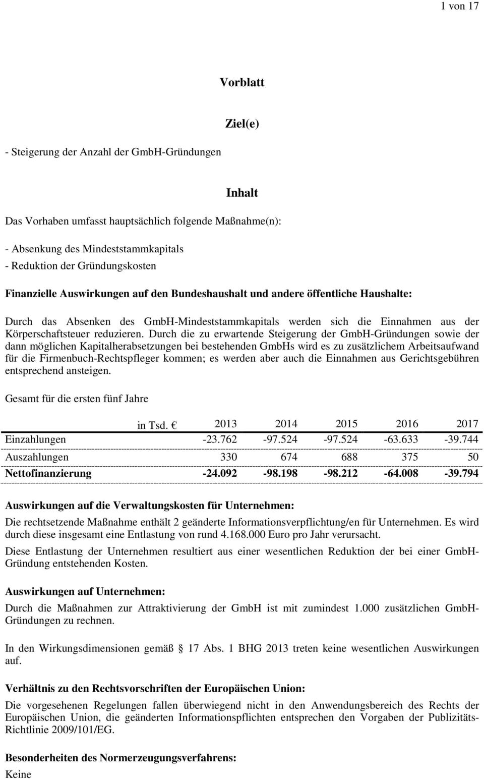 Durch die zu erwartende Steigerung der GmbH- sowie der dann möglichen Kapitalherabsetzungen bei bestehenden GmbHs wird es zu zusätzlichem Arbeitsaufwand für die Firmenbuch-Rechtspfleger kommen; es