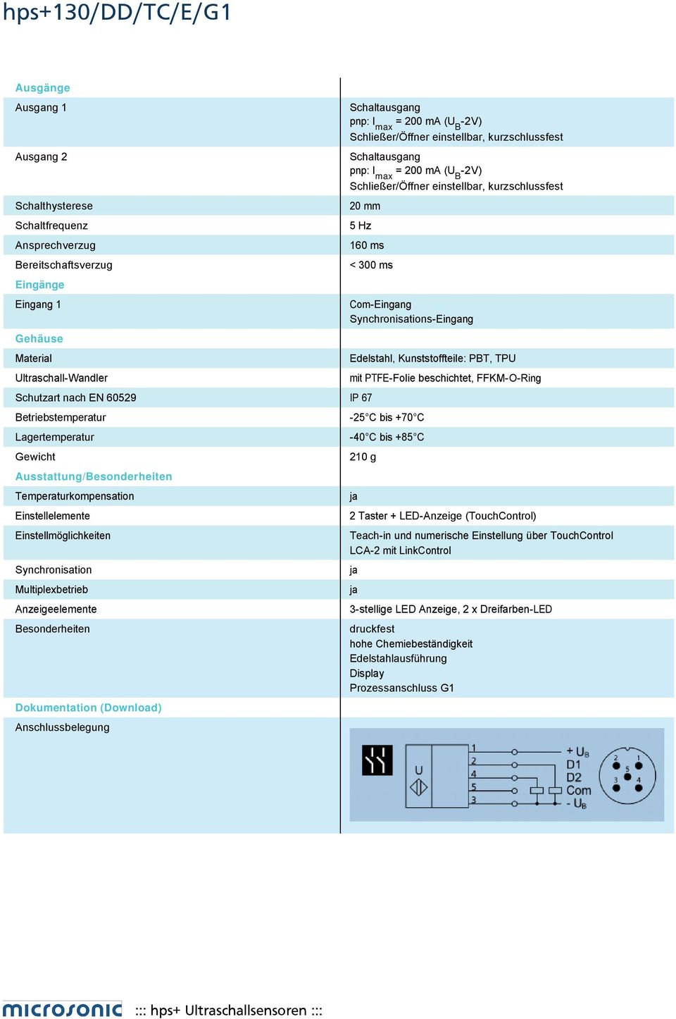 60529 IP 67 Betriebstemperatur Lagertemperatur Gewicht Ausstattung/Besonderheiten Temperaturkompensation Einstellelemente Einstellmöglichkeiten Synchronisation Multiplexbetrieb Anzeigeelemente