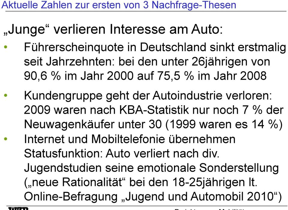 nach KBA-Statistik nur noch 7 % der Neuwagenkäufer unter 30 (1999 waren es 14 %) Internet und Mobiltelefonie übernehmen Statusfunktion: Auto