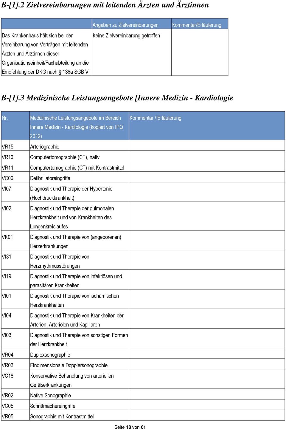 die Empfehlung der DKG nach 136a SGB V Angaben zu Zielvereinbarungen Keine Zielvereinbarung getroffen Kommentar/Erläuterung 3 Medizinische Leistungsangebote [Innere Medizin - Kardiologie Nr.