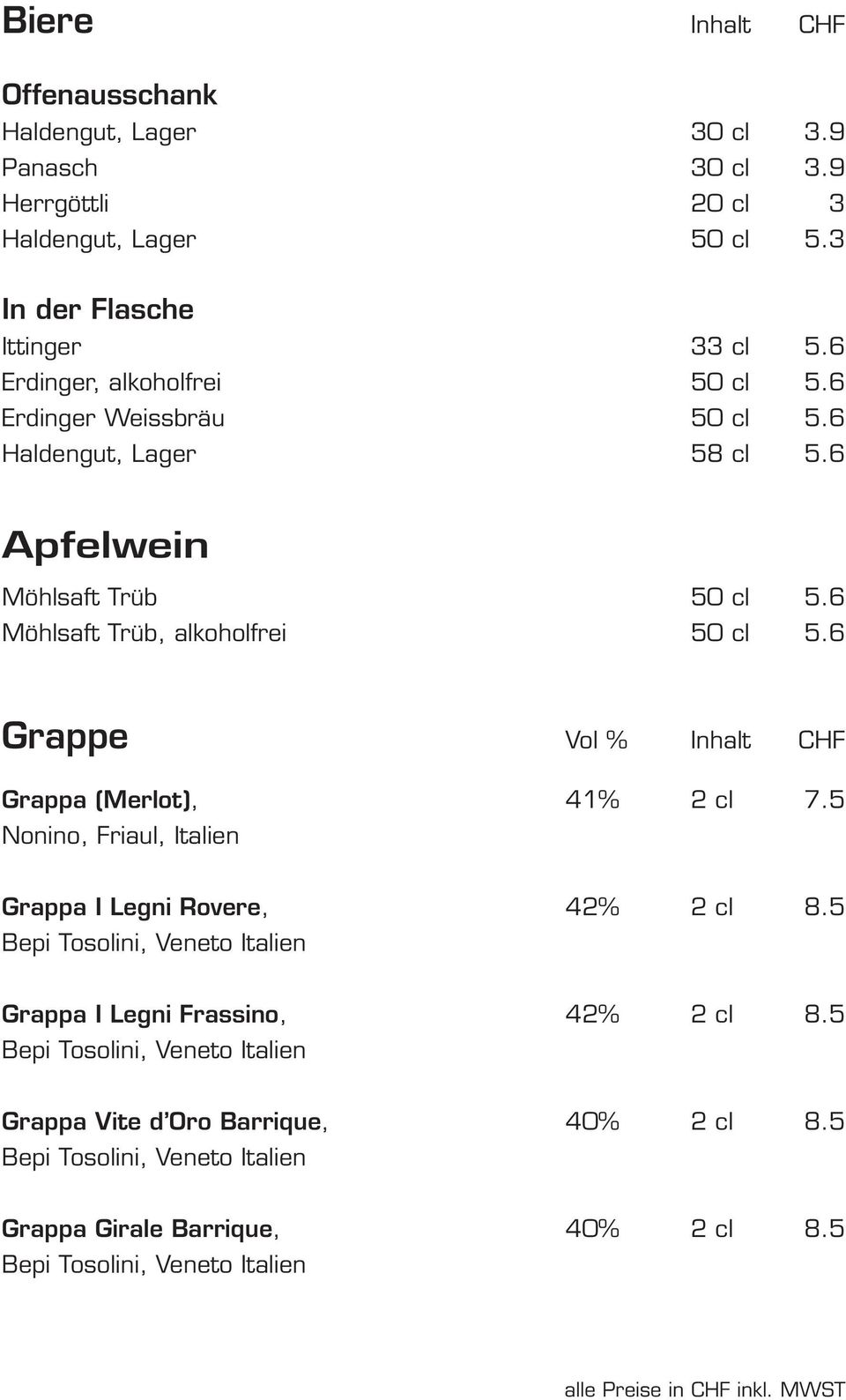 6 Grappe Vol % Inhalt CHF Grappa (Merlot), 41% 2 cl 7.5 Nonino, Friaul, Italien Grappa I Legni Rovere, 42% 2 cl 8.
