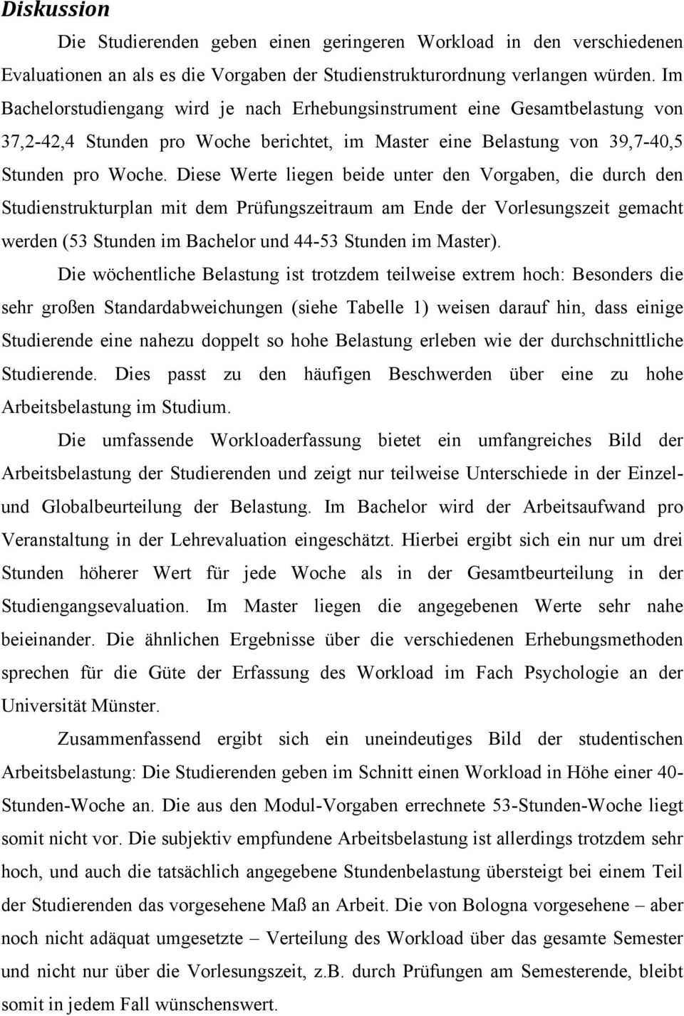 Diese Werte liegen beide unter den Vorgaben, die durch den Studienstrukturplan mit dem Prüfungszeitraum am Ende der Vorlesungszeit gemacht werden (53 Stunden im Bachelor und 44-53 Stunden im Master).