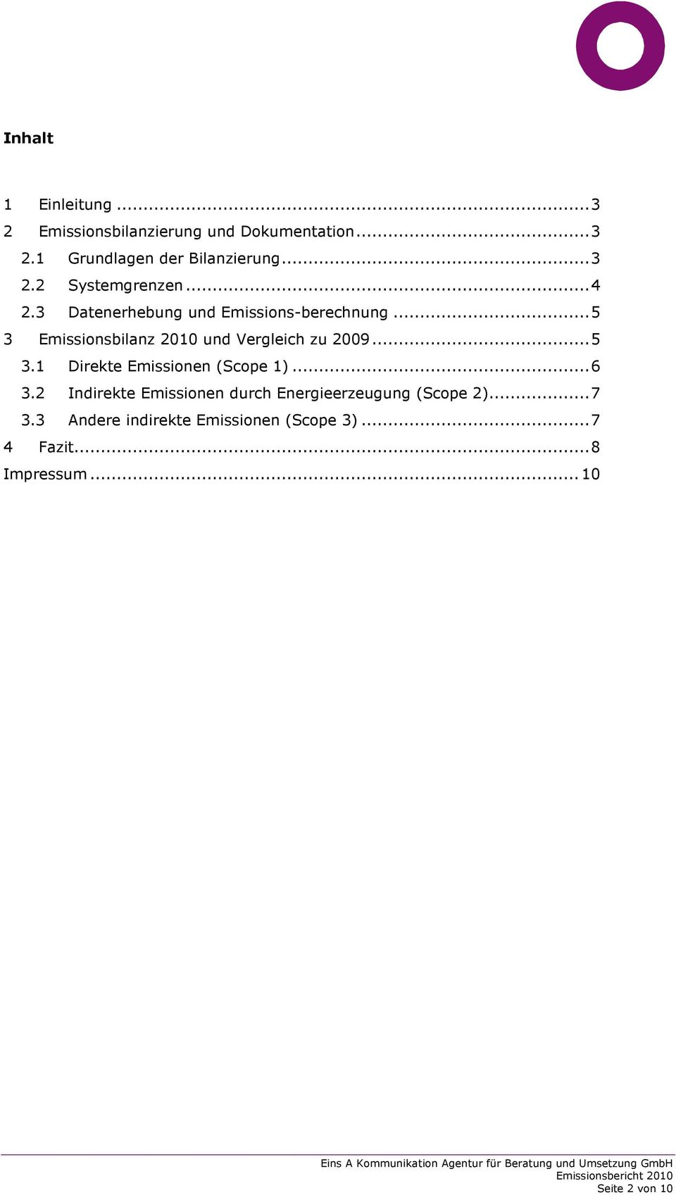 .. 5 3 Emissionsbilanz 2010 und Vergleich zu 2009... 5 3.1 Direkte Emissionen (Scope 1)... 6 3.
