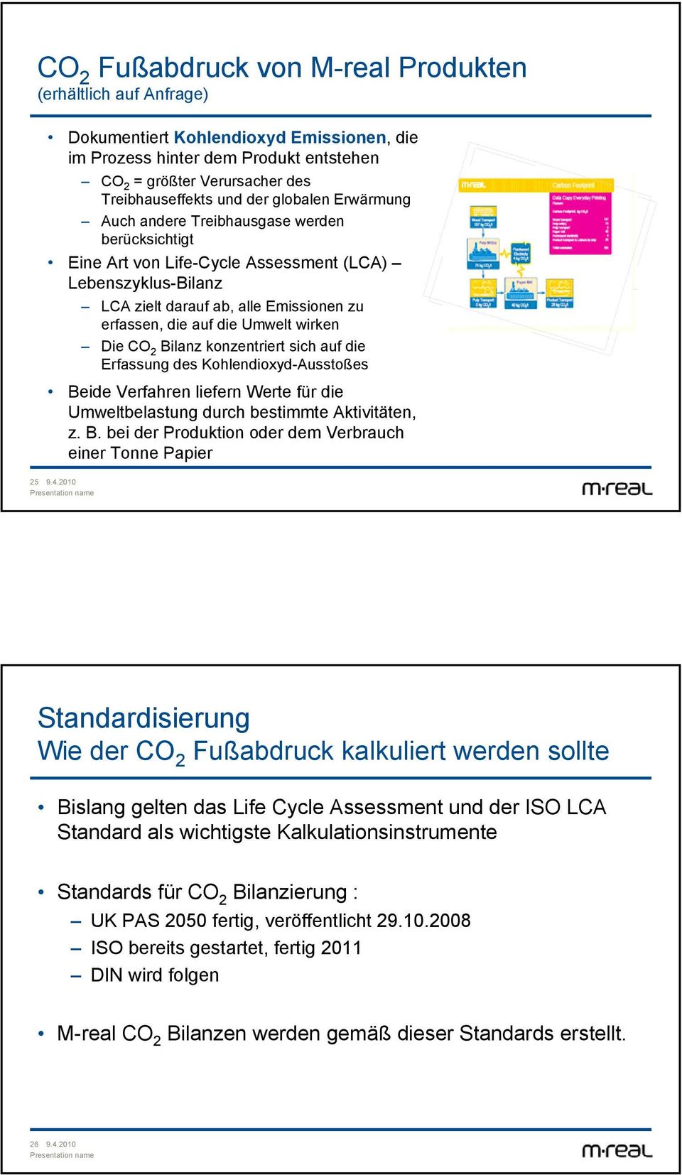 wirken Die CO 2 Bilanz konzentriert sich auf die Erfassung des Kohlendioxyd-Ausstoßes Beide Verfahren liefern Werte für die Umweltbelastung durch bestimmte Aktivitäten, z. B. bei der Produktion oder dem Verbrauch einer Tonne Papier 25 9.