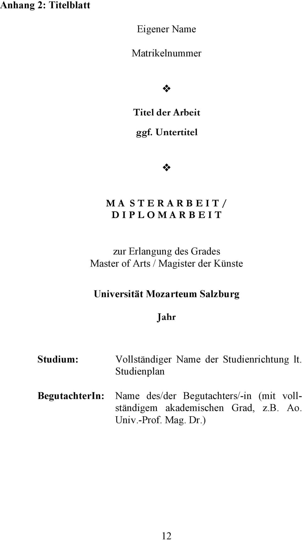 Magister der Künste Universität Mozarteum Salzburg Jahr Studium: BegutachterIn: Vollständiger Name der