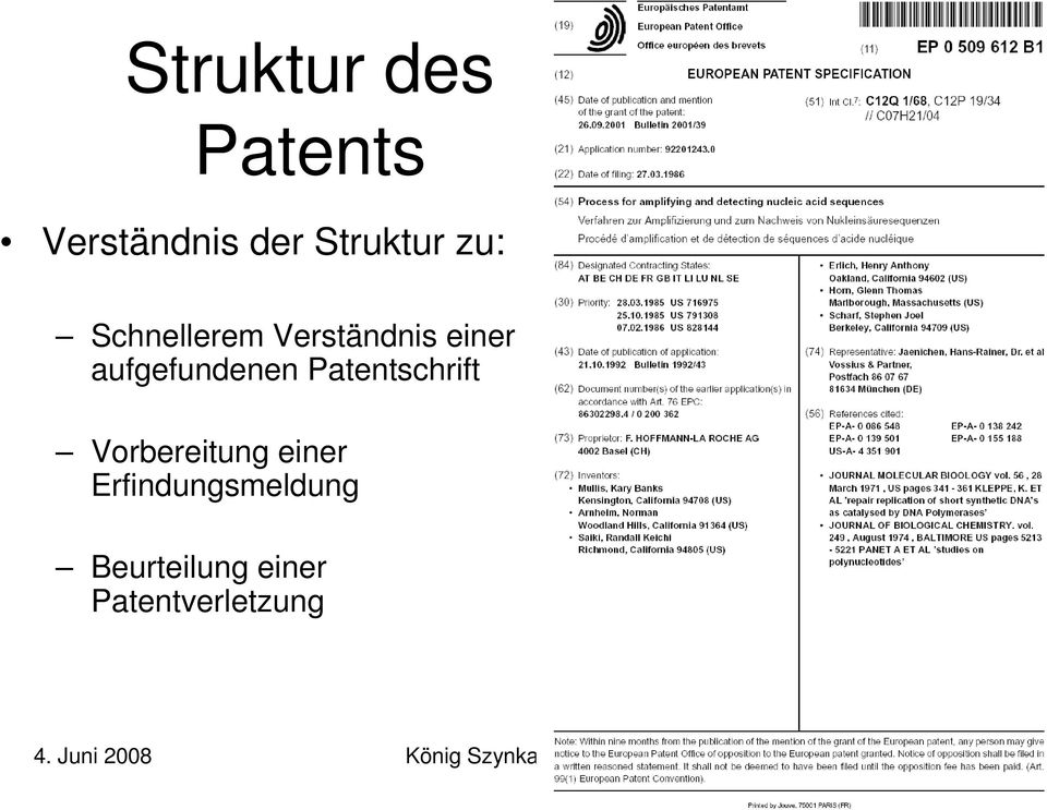 aufgefundenen Patentschrift Vorbereitung