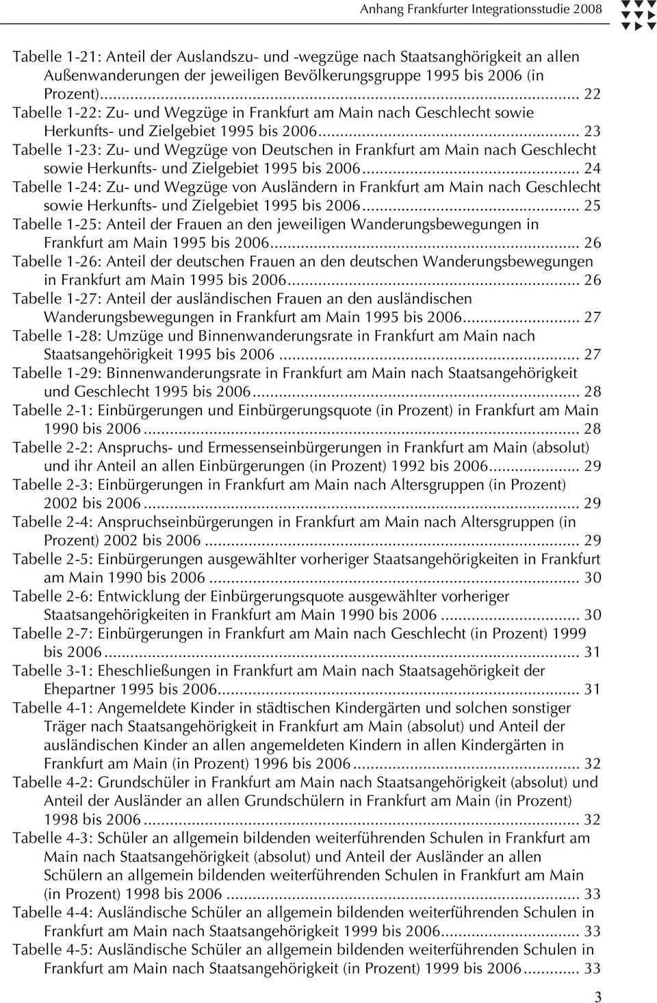 .. 23 Tabelle 1-23: Zu- und Wegzüge von Deutschen in Frankfurt am Main nach Geschlecht sowie Herkunfts- und Zielgebiet 1995 bis 2006.