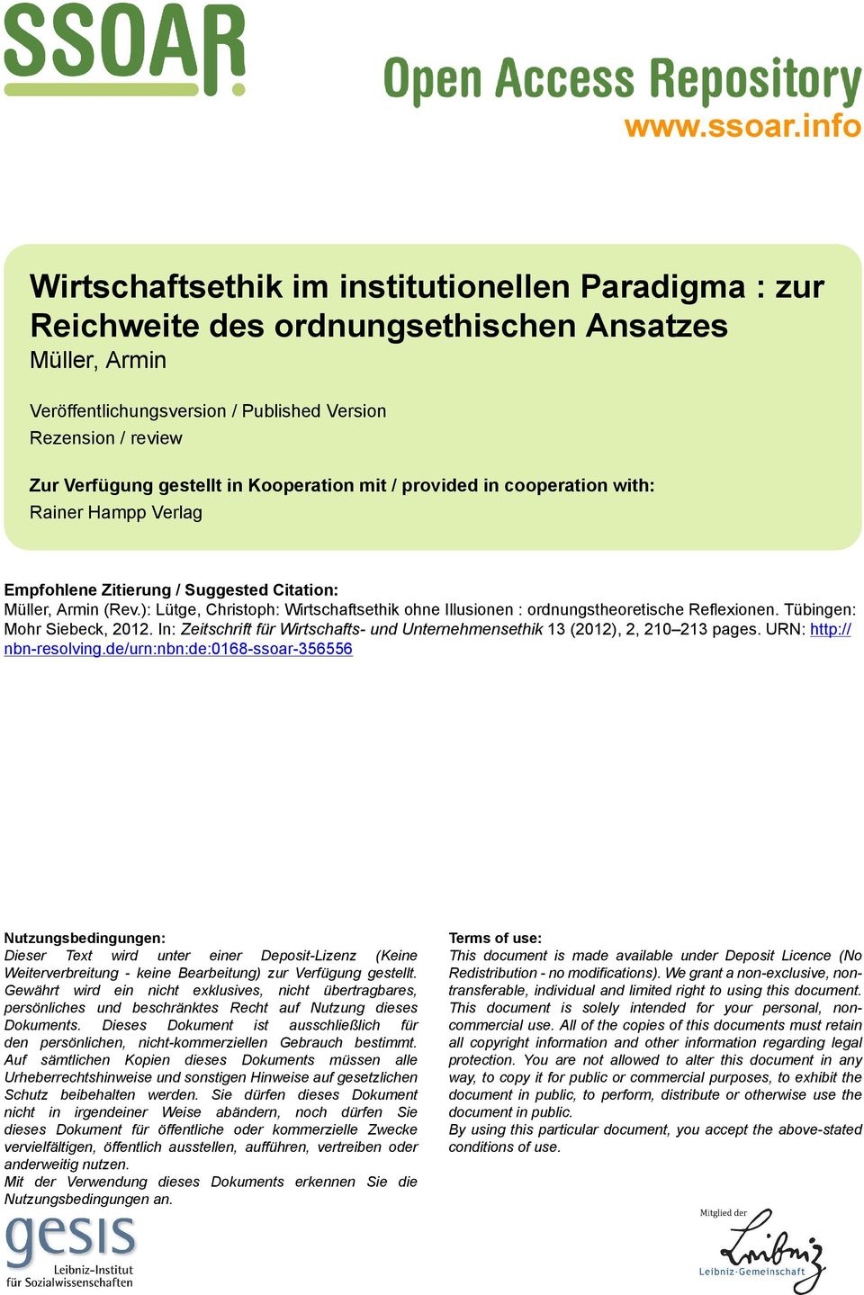 gestellt in Kooperation mit / provided in cooperation with: Rainer Hampp Verlag Empfohlene Zitierung / Suggested Citation: Müller, Armin (Rev.