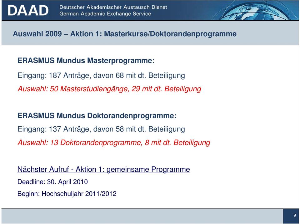 Beteiligung ERASMUS Mundus Doktorandenprogramme: Eingang: 137 Anträge, davon 58 mit dt.