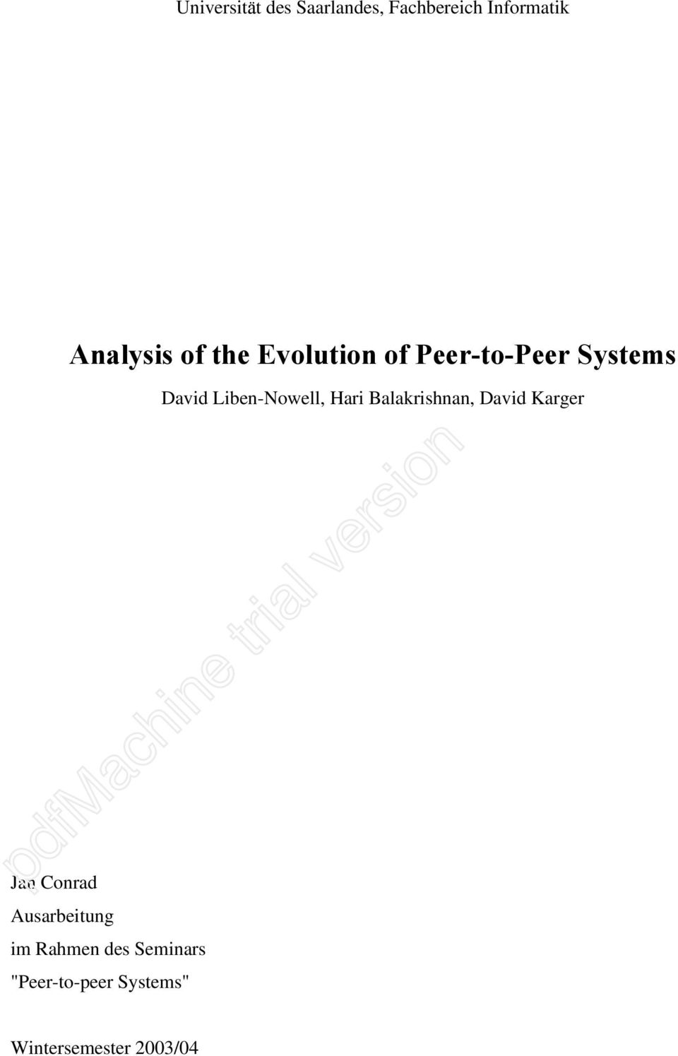 Ausarbeitung im Rahmen des Seminars "Peer-to-peer Systems"