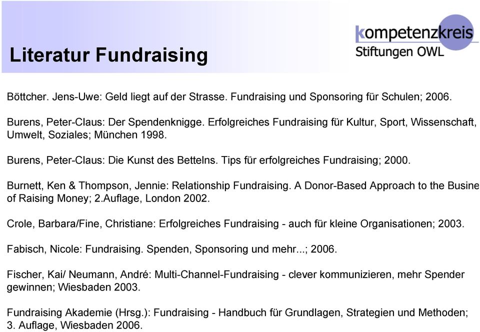Burnett, Ken & Thompson, Jennie: Relationship Fundraising. A Donor-Based Approach to the Busine of Raising Money; 2.Auflage, London 2002.