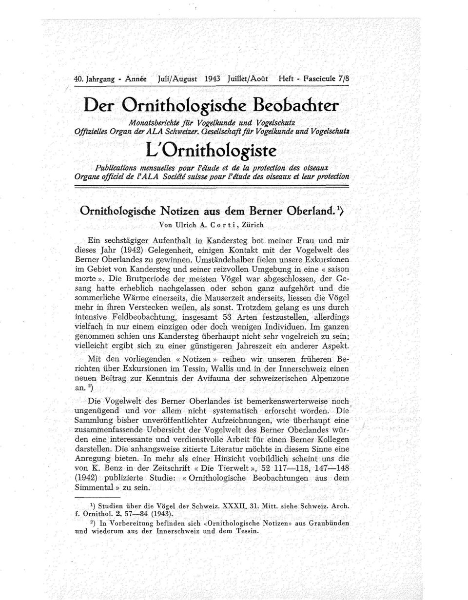 leur proiection Ornithologisme Notizen aus dem Berner Oberland. 1> Von Ulrich A.