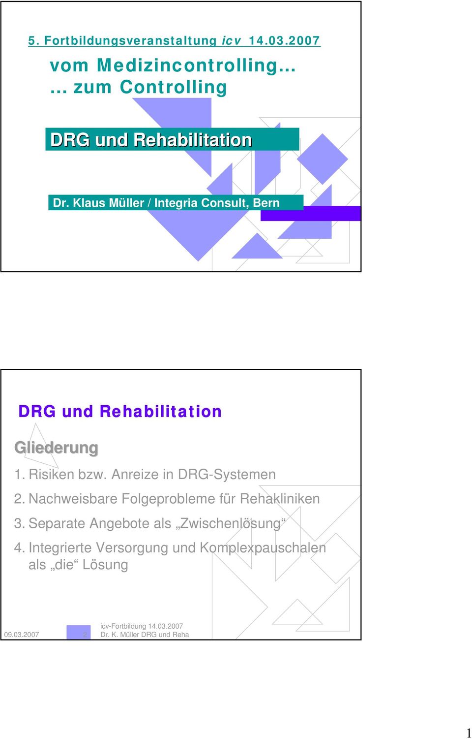 Klaus Müller / Integria Consult, Bern DRG und Rehabilitation Gliederung 1. Risiken bzw.