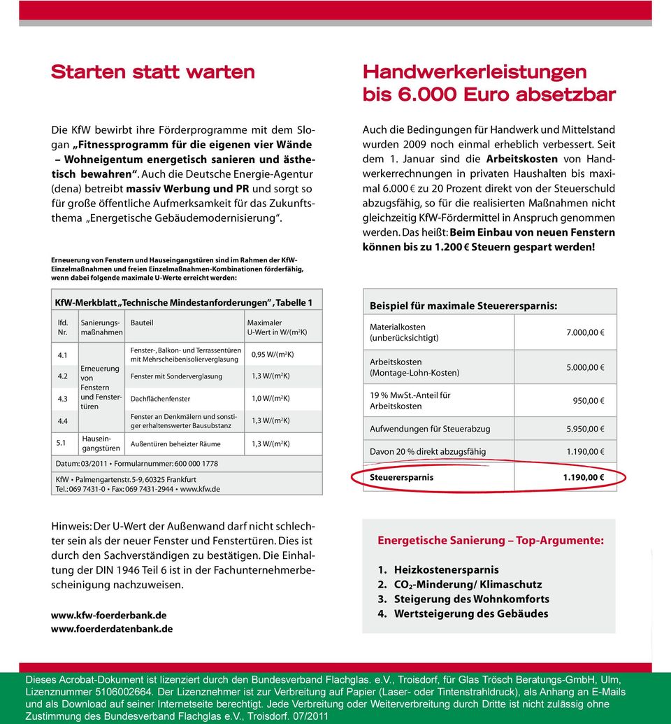 Erneuerung von Fenstern und Hauseingangstüren sind im Rahmen der KfW- Einzelmaßnahmen und freien Einzelmaßnahmen-Kombinationen förderfähig, wenn dabei folgende maximale U-Werte erreicht werden: