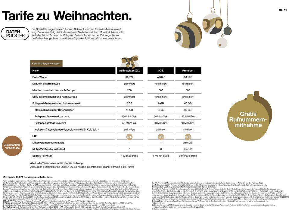 Hallo Weihnachten XXL XXL Premium Preis / Monat 31,67 41,67 54,17 Minuten österreichweit unlimitiert unlimitiert unlimitiert Minuten innerhalb und nach Europa 200 600 600 SMS österreichweit und nach