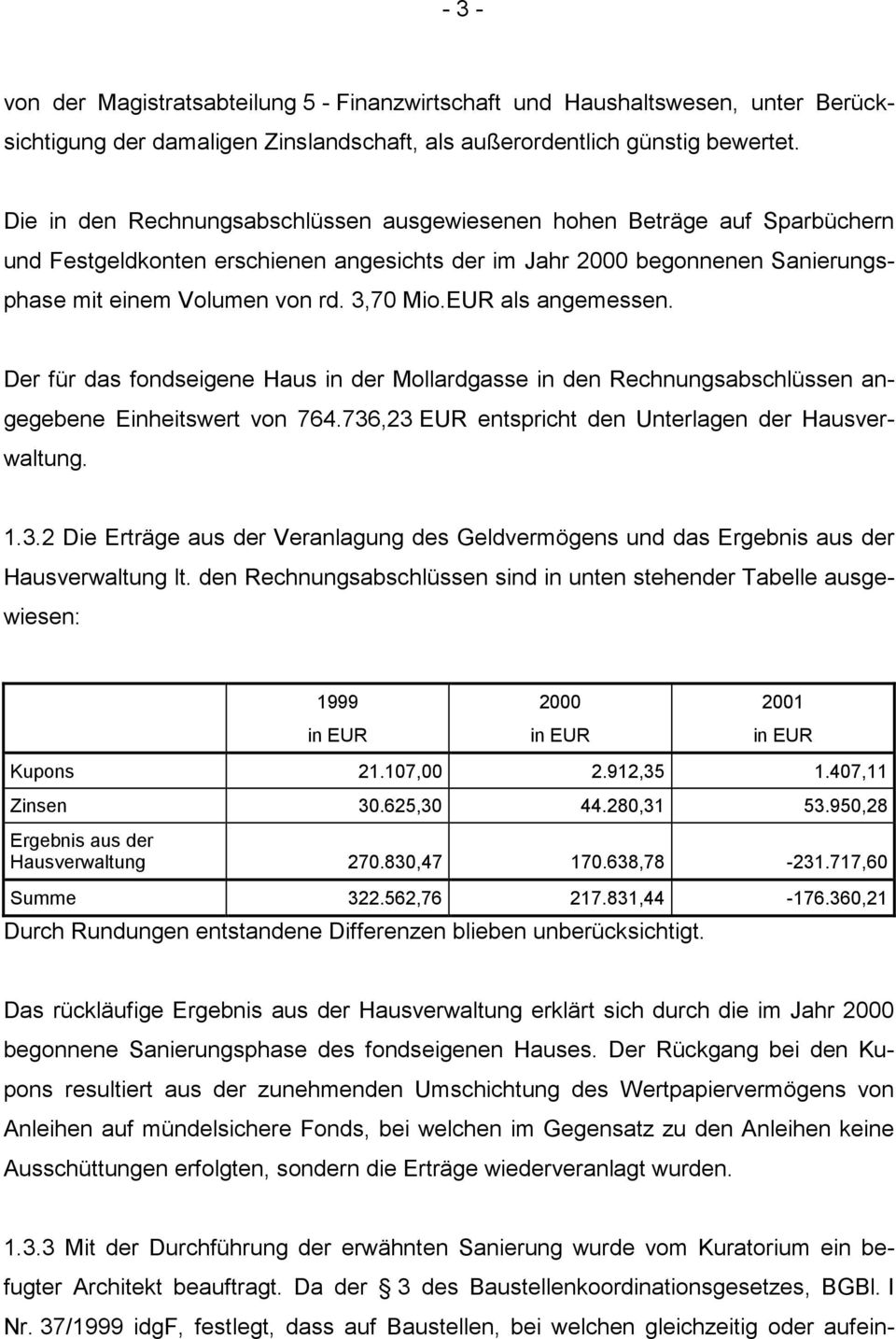 EUR als angemessen. Der für das fondseigene Haus in der Mollardgasse in den Rechnungsabschlüssen angegebene Einheitswert von 764.736