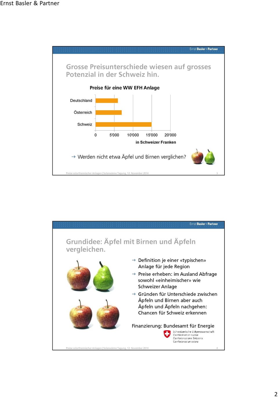 Preise solarthermischer Anlagen Solarwärme Tagung, 12. November 2014 3 Grundidee: Äpfel mit Birnen und Äpfeln vergleichen.