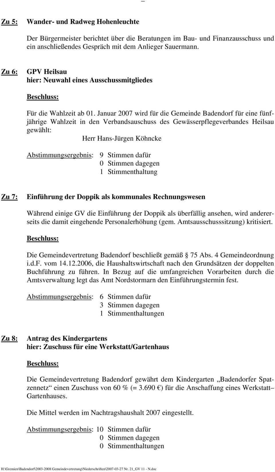 Januar 2007 wird für die Gemeinde Badendorf für eine fünfjährige Wahlzeit in den Verbandsauschuss des Gewässerpflegeverbandes Heilsau gewählt: Herr Hans-Jürgen Köhncke Abstimmungsergebnis: 9 Stimmen