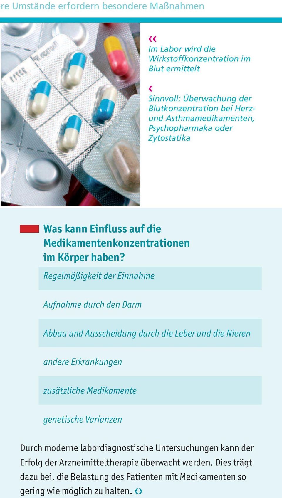 Regelmäßigkeit der Einnahme Aufnahme durch den Darm Abbau und Ausscheidung durch die Leber und die Nieren andere Erkrankungen zusätzliche Medikamente genetische