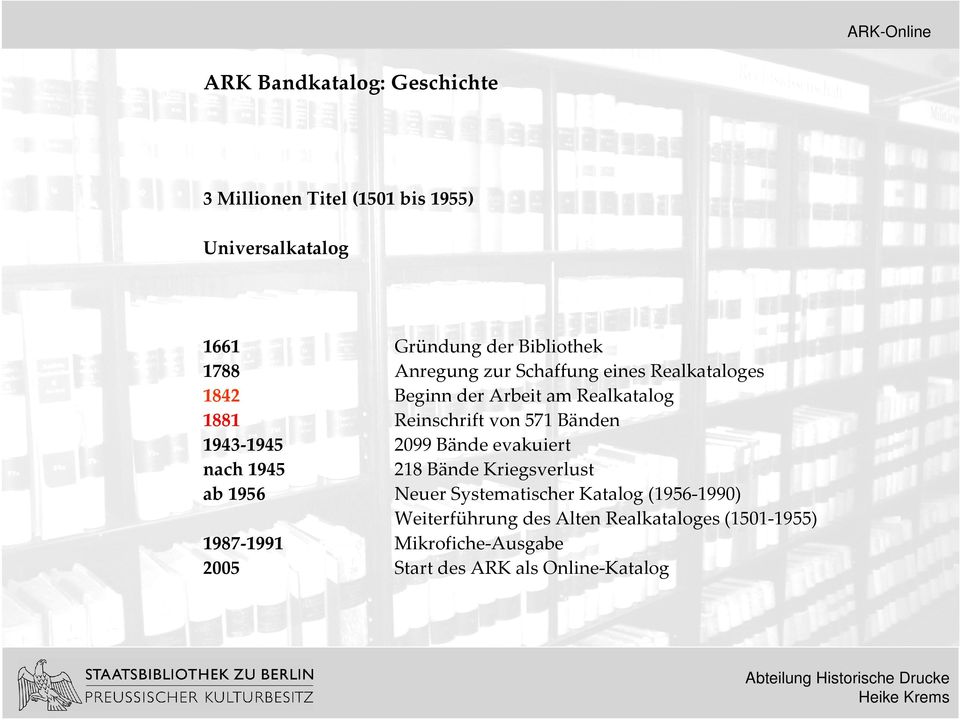 1943-1945 2099 Bände evakuiert nach 1945 218 Bände Kriegsverlust ab 1956 Neuer Systematischer Katalog(1956-1990)