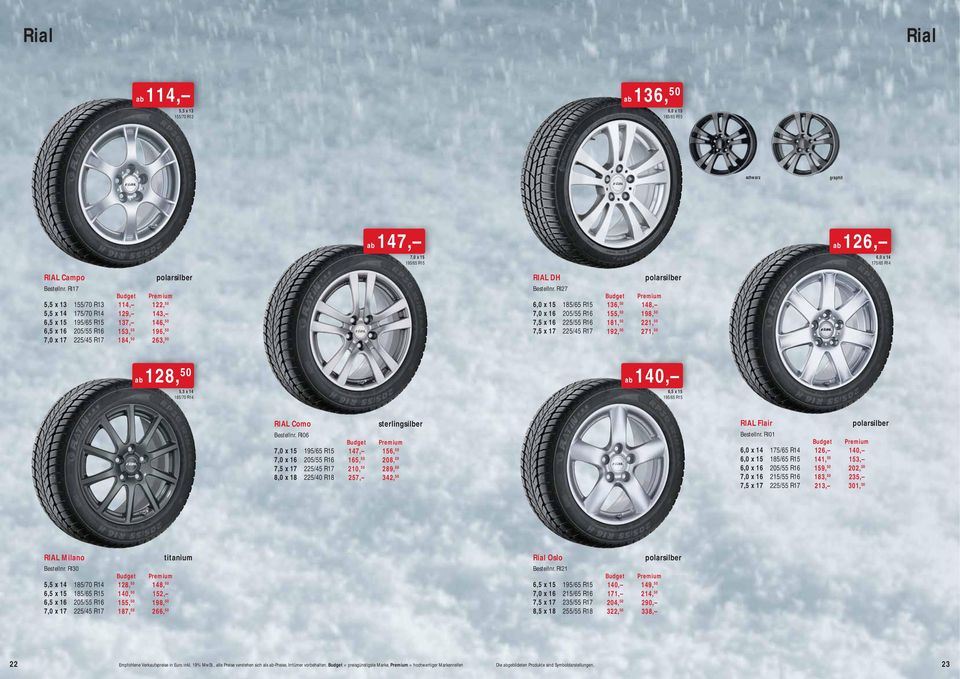 RI27 7,5 x 16 225/55 R16 136, 50 155, 50 181, 50 192, 50 148, 198, 50 221, 50 271, 50 ab 128, 50 185/70 R14 ab 140, 6,5 x 15 195/65 R15 RIAL Como Bestellnr.