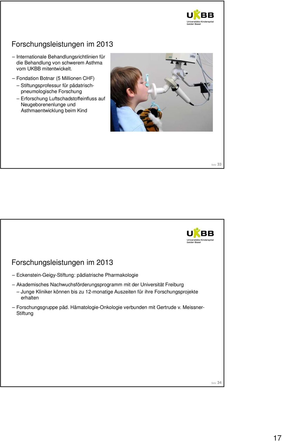 Asthmaentwicklung beim Kind Seite 33 Forschungsleistungen im 2013 Eckenstein-Geigy-Stiftung: pädiatrische Pharmakologie Akademisches Nachwuchsförderungsprogramm mit