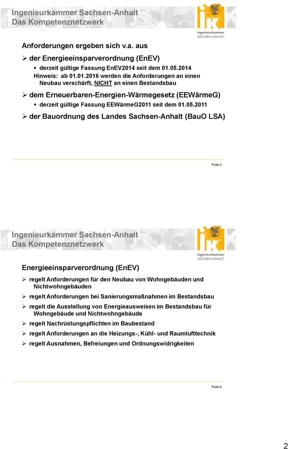 05.2011 der Bauordnung des Landes Sachsen-Anhalt (BauO LSA) Folie 3 Energieeinsparverordnung (EnEV) regelt Anforderungen für den Neubau von Wohngebäuden und Nichtwohngebäuden regelt Anforderungen bei