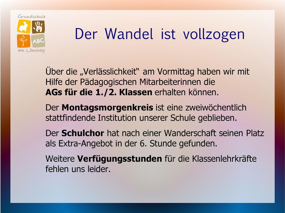 Der Montagsmorgenkreis ist eine zweiwöchentlich stattfindende Institution unserer Schule geblieben.