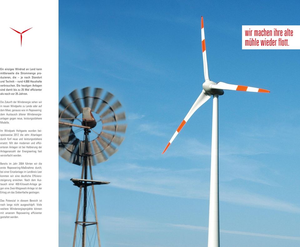 Die Zukunft der Windenergie sehen wir in neuen Windparks zu Lande oder auf dem Meer, genauso wie im Repowering: dem Austausch älterer Windenergieanlagen gegen neue, leistungsstärkere Modelle.