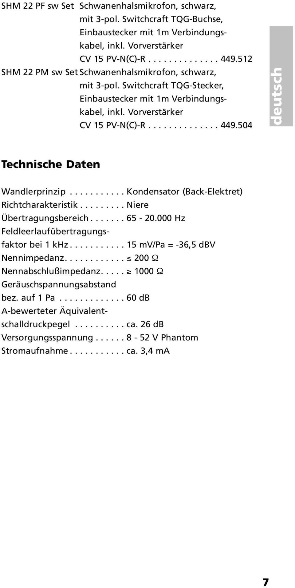 504 deutsch Technische Daten Wandlerprinzip........... Kondensator (Back-Elektret) Richtcharakteristik......... Niere Übertragungsbereich....... 65-20.000 Hz Feldleerlaufübertragungsfaktor bei 1 khz.