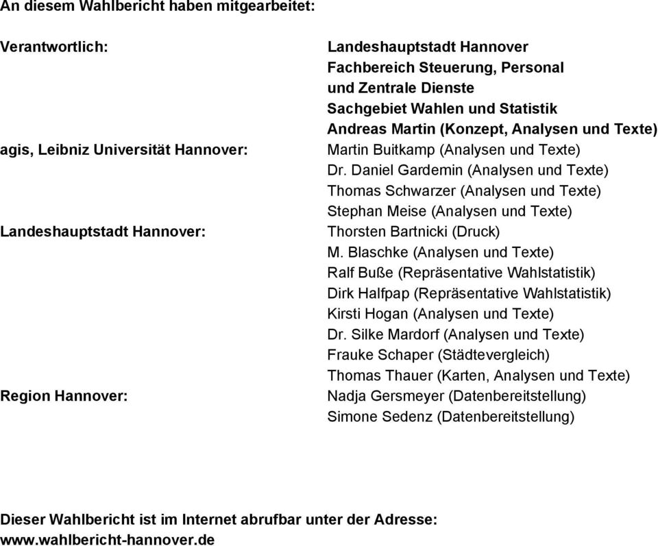 Daniel Gardemin (Analysen und Texte) Thomas Schwarzer (Analysen und Texte) Stephan Meise (Analysen und Texte) Thorsten Bartnicki (Druck) M.