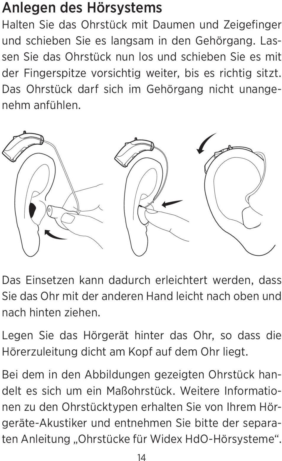 Das Einsetzen kann dadurch erleichtert werden, dass Sie das Ohr mit der anderen Hand leicht nach oben und nach hinten ziehen.