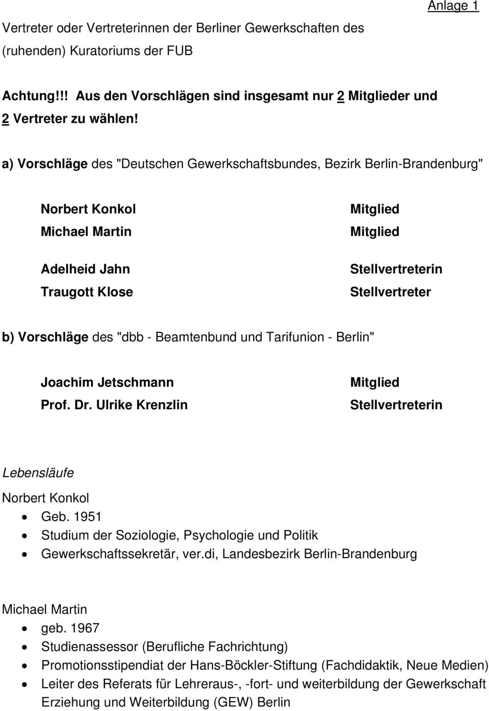 des "dbb - Beamtenbund und Tarifunion - Berlin" Joachim Jetschmann Prof. Dr. Ulrike Krenzlin Mitglied Stellvertreterin Lebensläufe Norbert Konkol Geb.