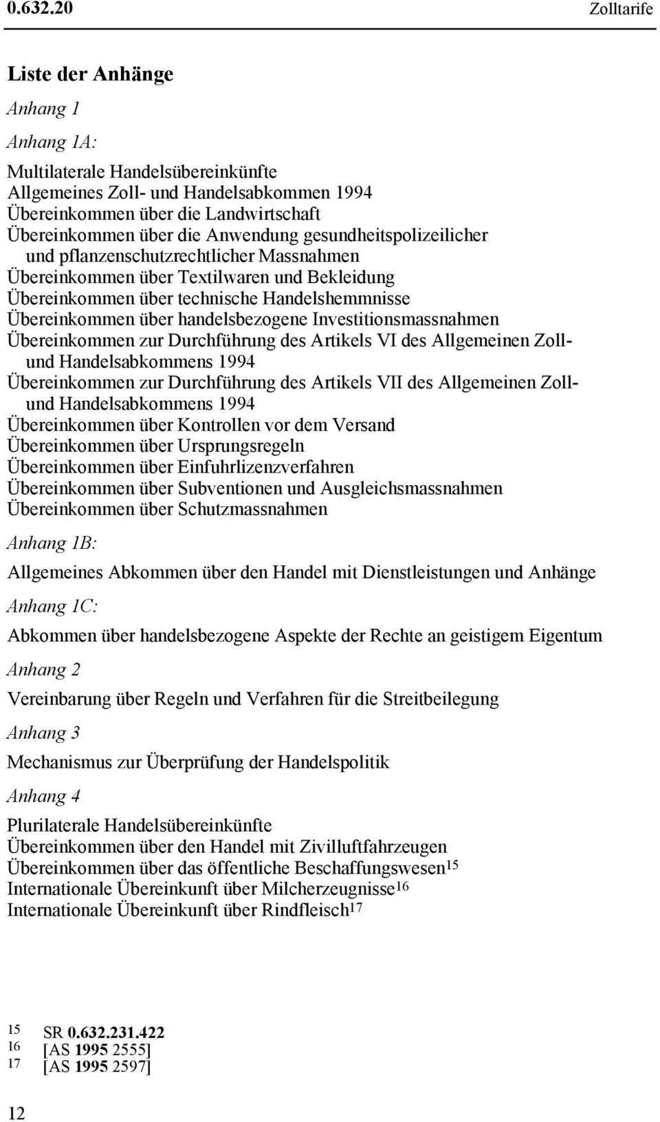 Anwendung gesundheitspolizeilicher und pflanzenschutzrechtlicher Massnahmen Übereinkommen über Textilwaren und Bekleidung Übereinkommen über technische Handelshemmnisse Übereinkommen über