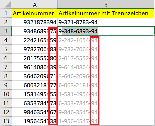 Blitzvorschau in Excel 2016 Seite 9 von 11 In Spalte B sollen nun die Artikelnummern übernommen werden, aber mit Trennzeichen. In diesem Beispiel wird der Trennstrich verwendet 5.