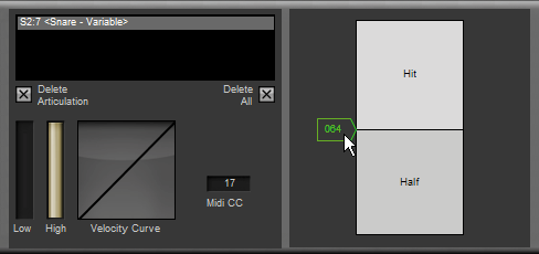9:5 Positionelle Snare Kontrolle Das Soundangebot von BFD2 bietet unter anderem die Half Edge Snare Artikulation an. Die Snare wird halb zwischen der Mitte und dem Rand angeschlagen.