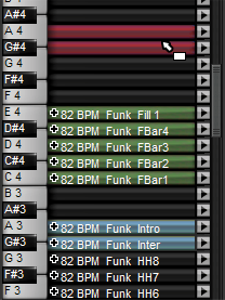 5:5 Mit Grooves in der Palette arbeiten Grooves auswählen Klicken Sie auf einen Groove Slot in der Palette, um ihn auszuwählen. Wenn ein Groove in den Slot geladen ist, wird das im Editor angezeigt.