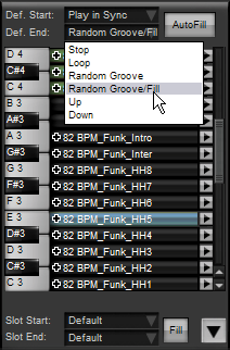 5:6 Groove Actions Das Paletten Feld enthält zwei Bereiche in denen sich Kontroller befinden in denen Sie die Groove Anfangs- und End-Aktionen, sowie Abspiel Charakteristika festlegen können.
