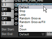 End Aktionseinstellungen für Grooves Random Groove/Fill (beliebiger Groove/Fill) Wenn der aktuelle Groove abgespielt ist, wird danach ein beliebiger Groove oder Fill aus der Palette abgespielt.